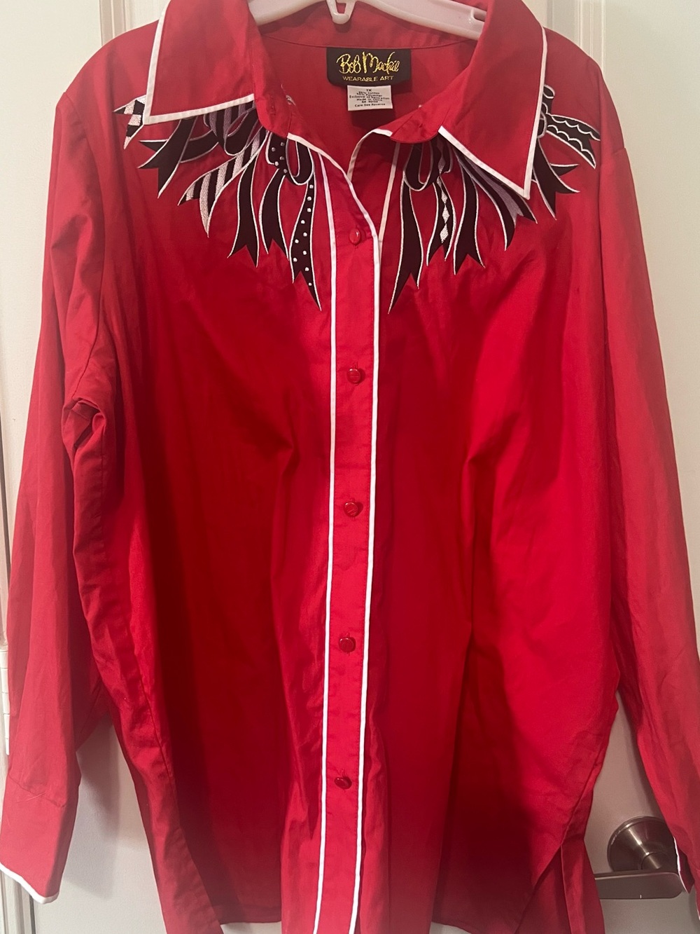 Bob Mackie Wearable Art Red Western Shirt with Black & White Trim size 1X